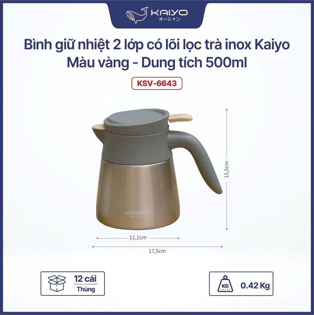 Bình giữ nhiệt 2 lớp có lõi lọc trà inox Kaiyo màu vàng, dung tích 500ml