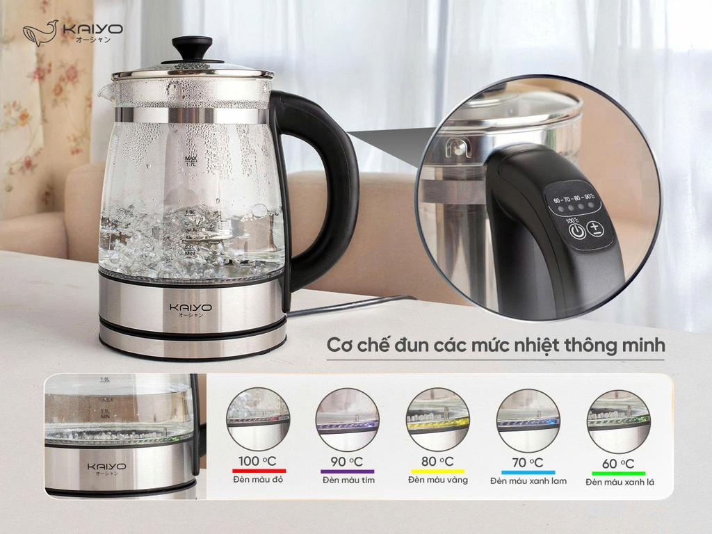 Ấm siêu tốc thuỷ tinh kèm lõi lọc trà Kaiyo 1,7L, model KEK-062