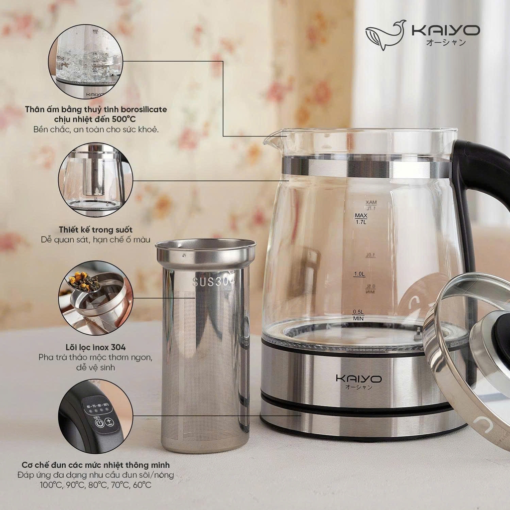 Ấm siêu tốc thuỷ tinh kèm lõi lọc trà Kaiyo 1,7L, model KEK-062