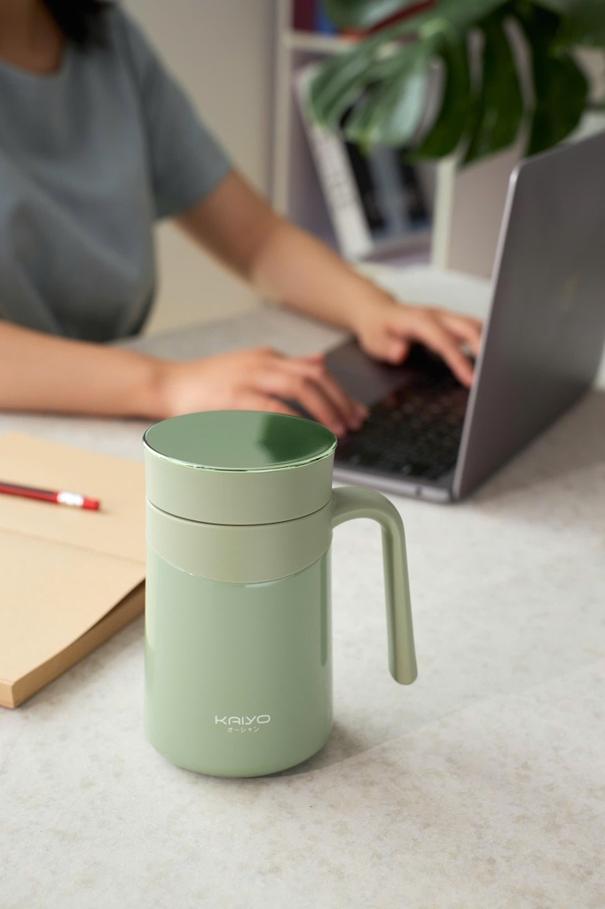 Cốc giữ nhiệt 2 lớp inox Kaiyo kèm lõi lọc trà 350ml, màu xanh mint