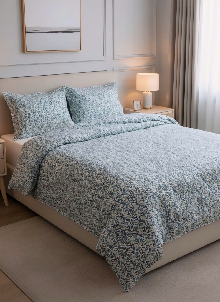 Bộ ga cottton trần bông kèm 2 vỏ gối Kawa size 1,8-2m - mẫu lá xanh