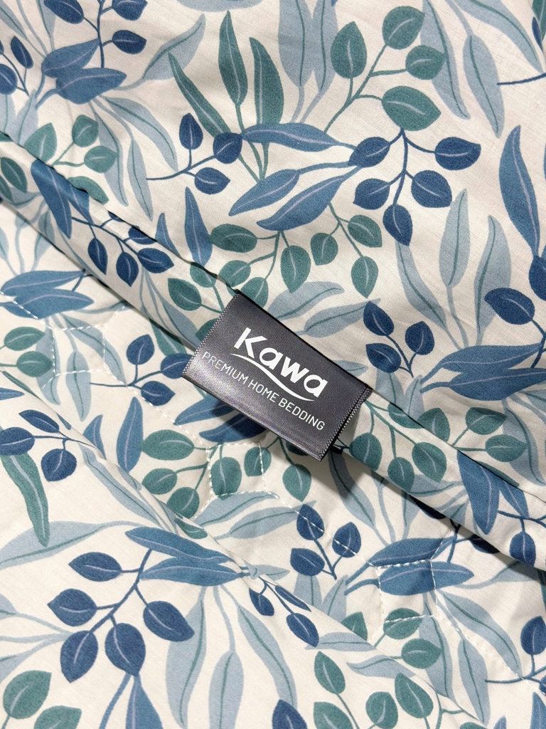 Bộ ga cottton trần bông kèm 2 vỏ gối Kawa size 1,8-2m - mẫu lá xanh