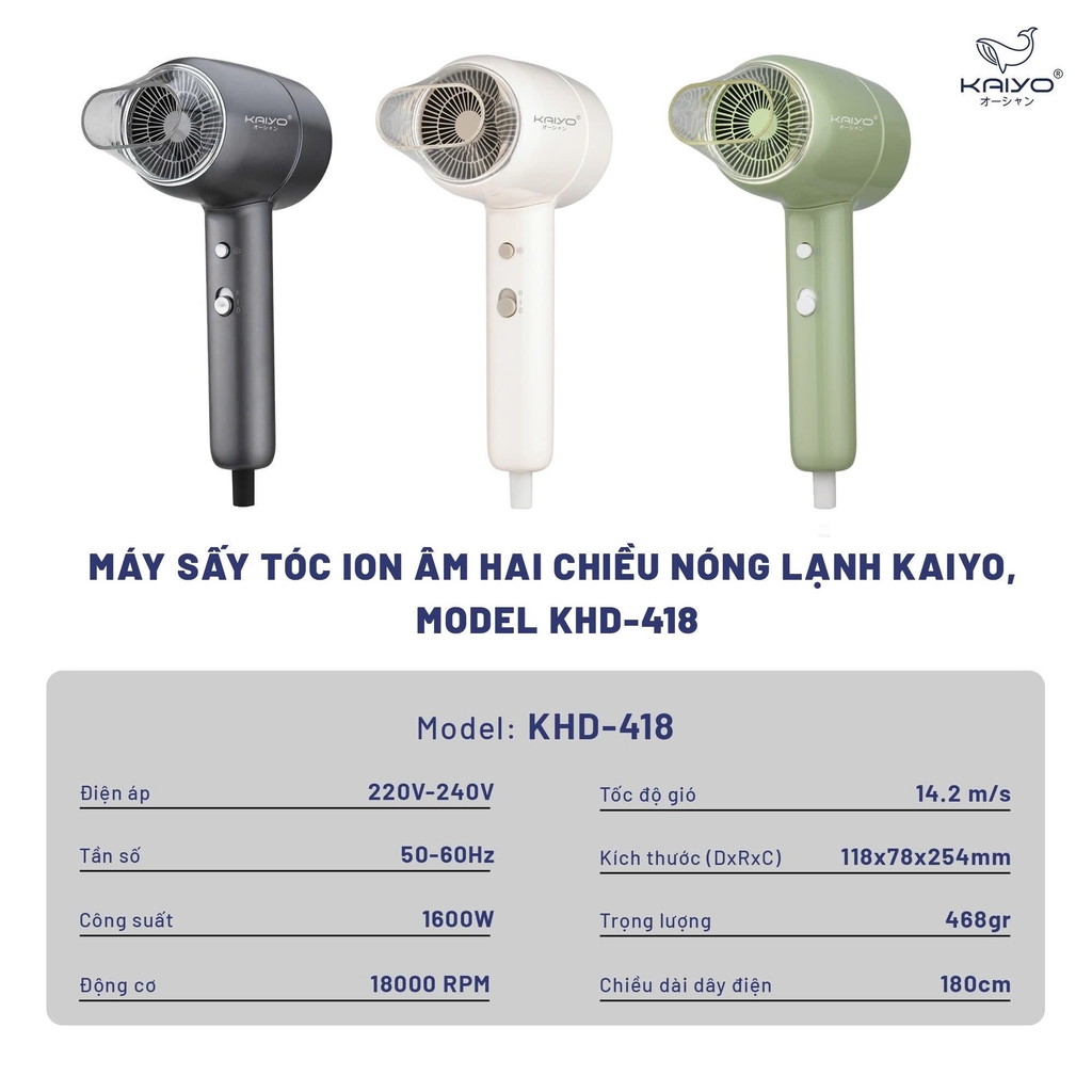 Máy sấy tóc ion âm hai chiều nóng lạnh Kaiyo, model KHD-418, màu xanh mint