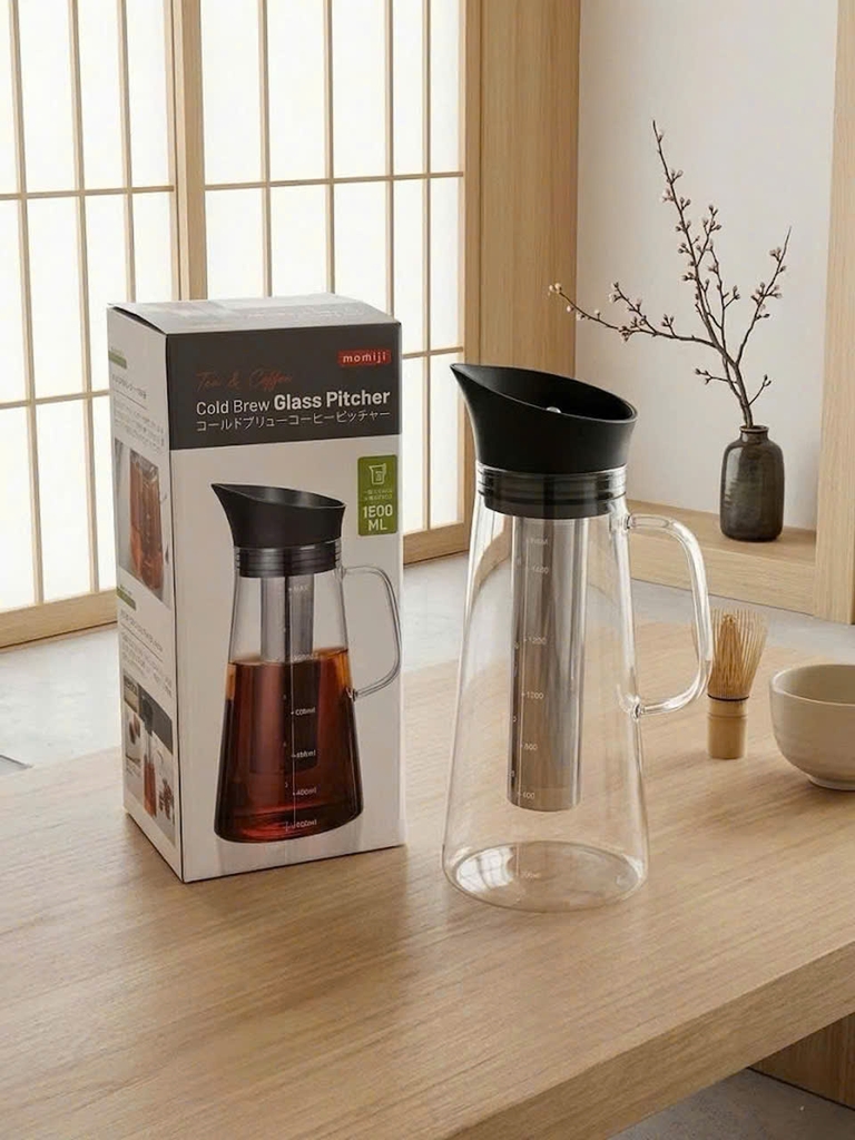 Bình đựng nước, pha trà cafe Cold Brew thủy tinh có lõi lọc inox Momiji 1500ml