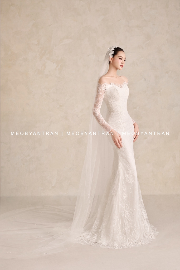 Áo cưới ren tay dài trễ vai đẹp 