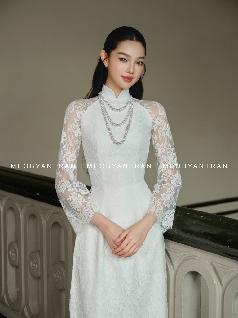 Áo dài cưới ren trắng 