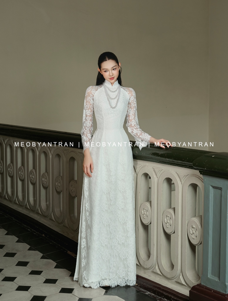 Áo dài cưới ren trắng 