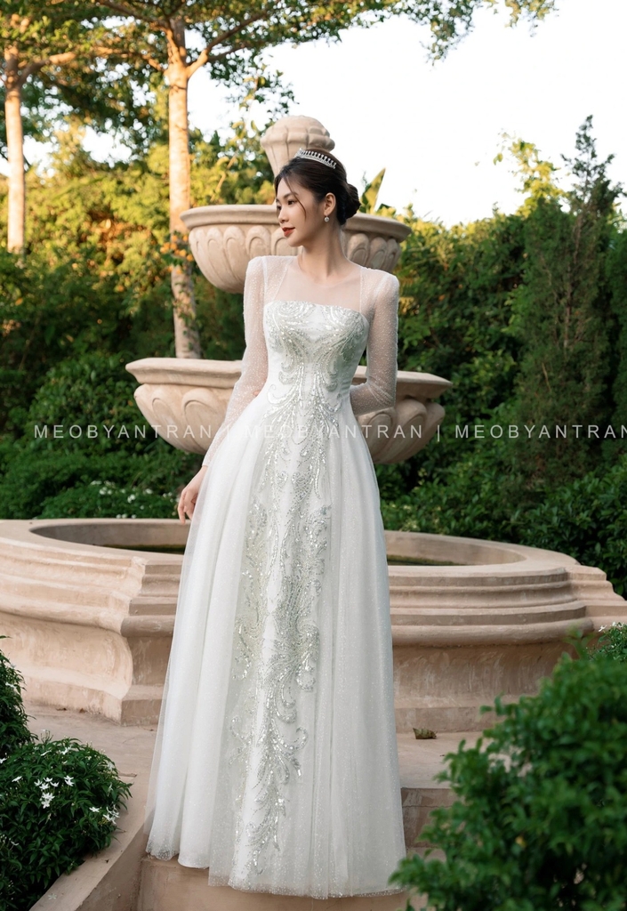 Đầm dạ hội cô dâu tay dài cổ vuông cúp ngực | AlvinStore.Vn