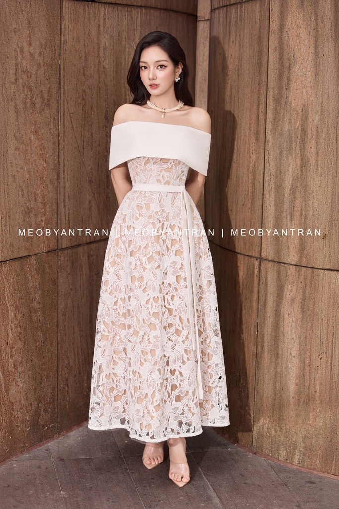 Đầm ren trắng trễ vai