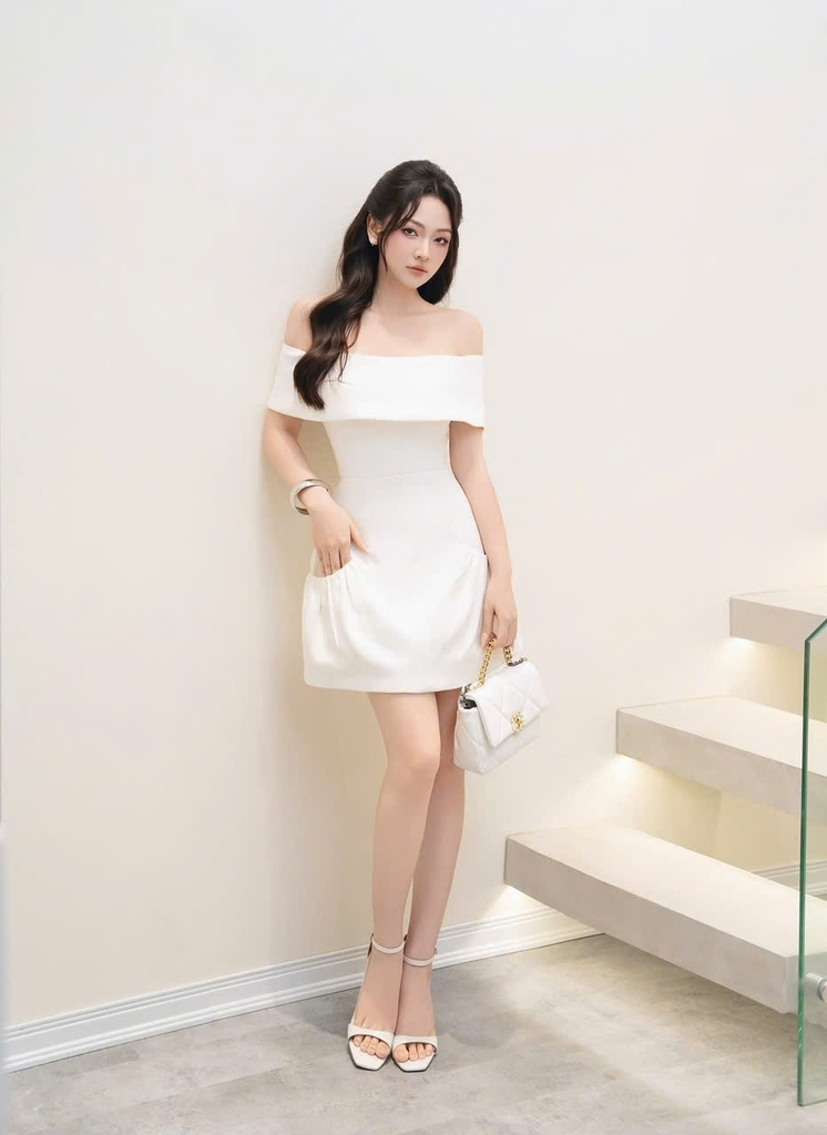 Đầm trắng trễ vai dự tiệc