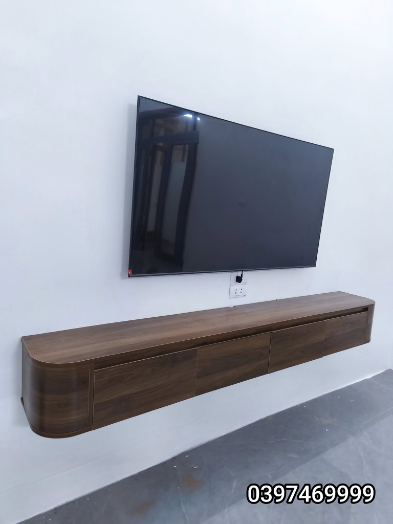 Kệ tivi treo tường full màu óc chó bo góc  200x30x25cm -tv64