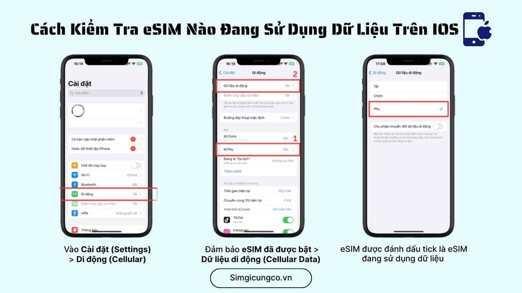 Cách kiểm tra eSIM đang dùng dữ liệu trên iPhone (iOS)