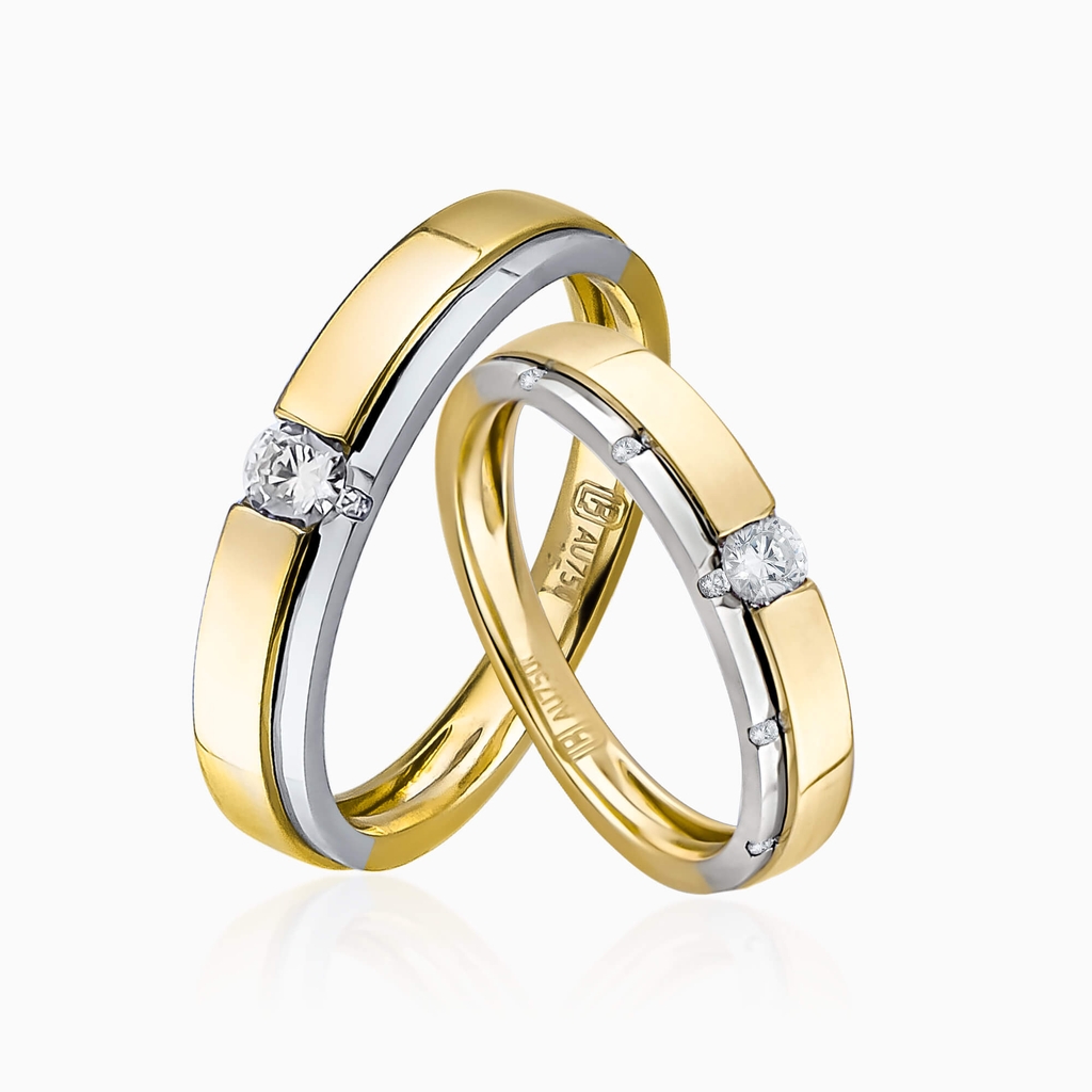 Nhẫn cưới vàng trắng mix vàng 18K đính kim cương