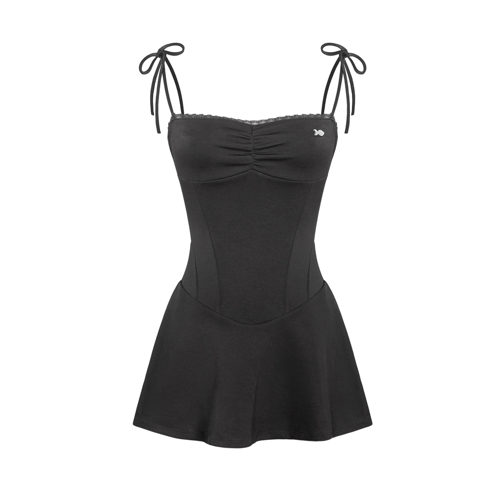 Đầm 2 dây đen form corset dáng xoè DKMV nhún ngực viền ren