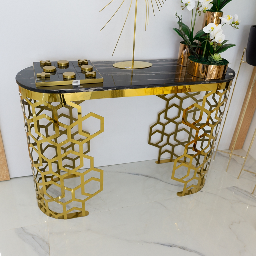 BÀN CONSOLE INOX MẠ VÀNG TITAN MẶT ĐÁ MARBLE MÀU ĐEN SALA03 Homecor - Nội Thất Cần Thơ