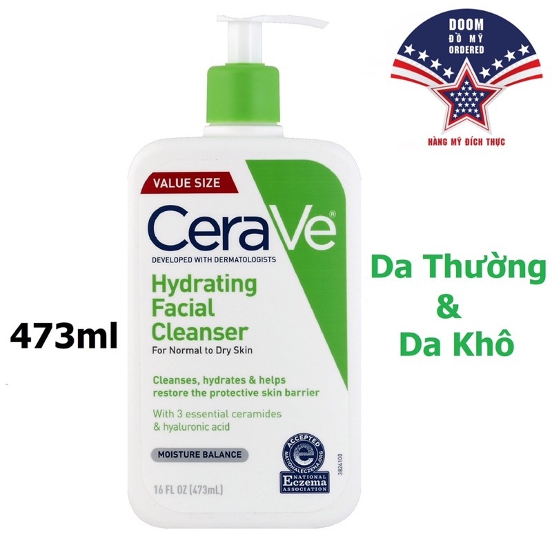 Sữa Rửa Mặt Cerave Hydrating Facial Cleanser Dành Cho Da Thường - Da Khô 473ml