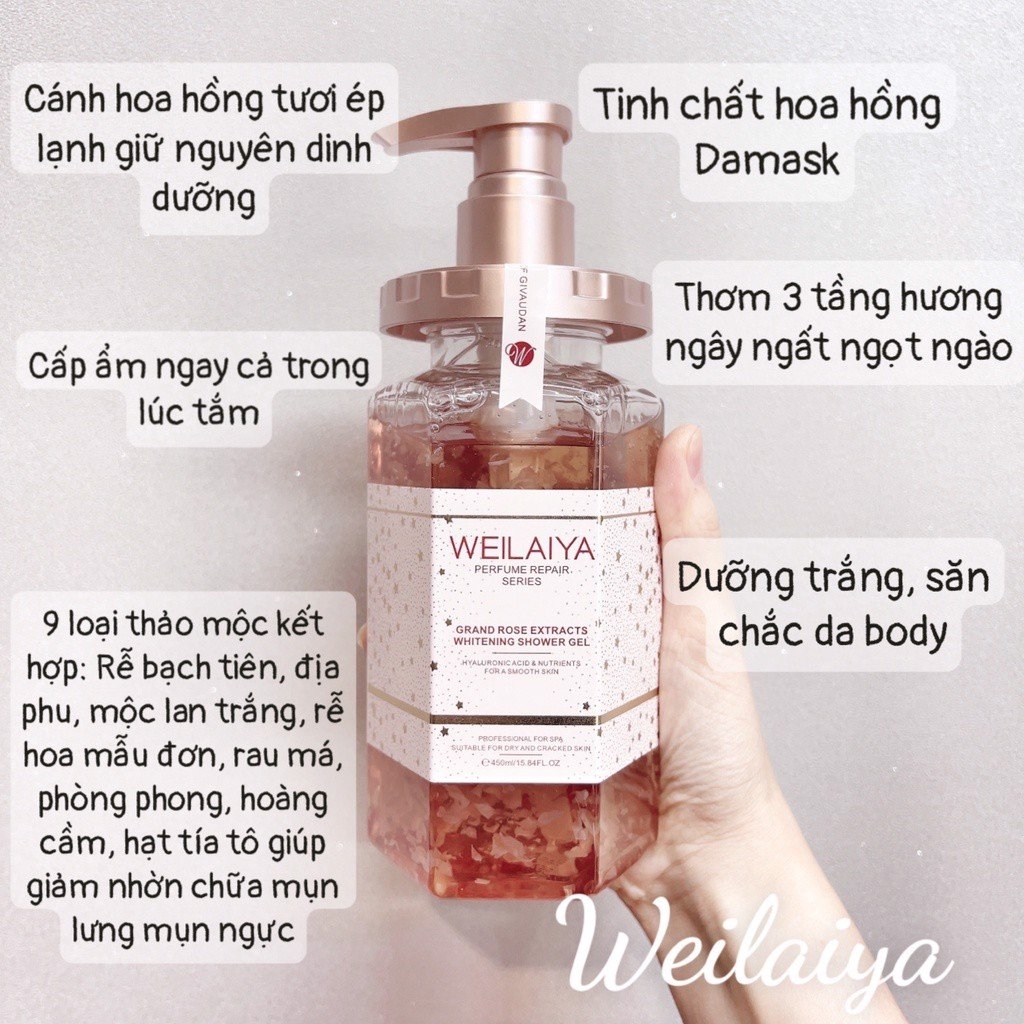 Sữa Tắm Trắng Da Tủy Mật Hoa Hồng Damask Weilaiya Grand Rose Extracts Whitening Shower Gel 450ml