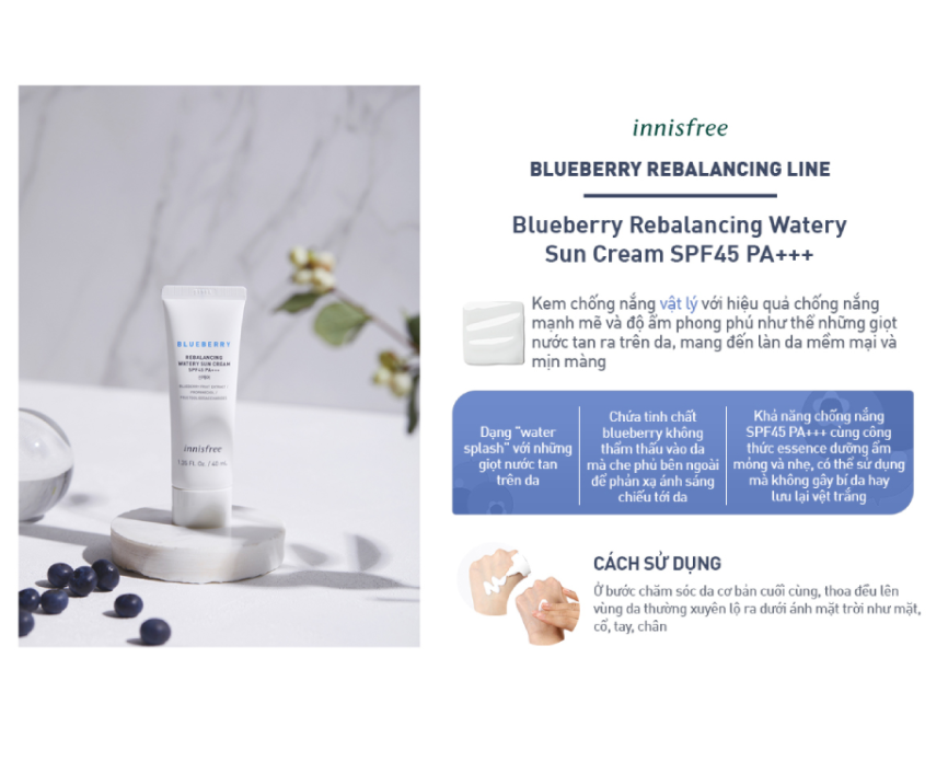 Chống Nắng Innisfree Blueberry Rebalancing Watery Sun Cream SPF45 PA+++ 40ml
