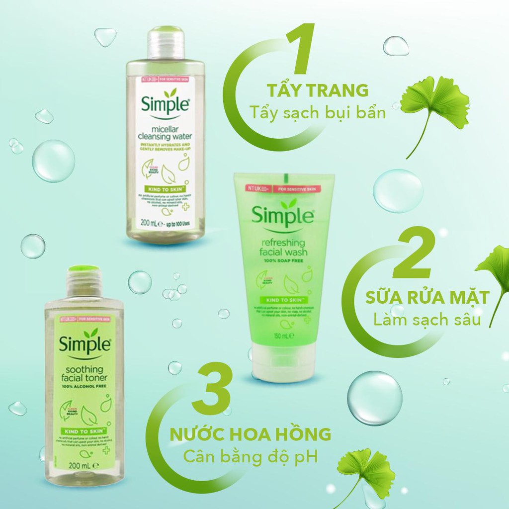 COMBO Làm Sạch Simple Tẩy Trang + Sữa Rửa Mặt + Nước Hoa Hồng