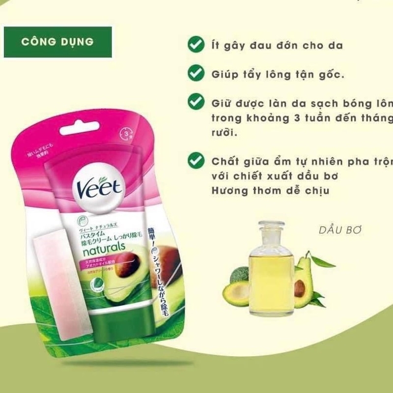 [Tặng Kèm Mút] Kem Tẩy Lông Veet Naturals Cho Da Nhạy Cảm Hương Bơ 150Gr