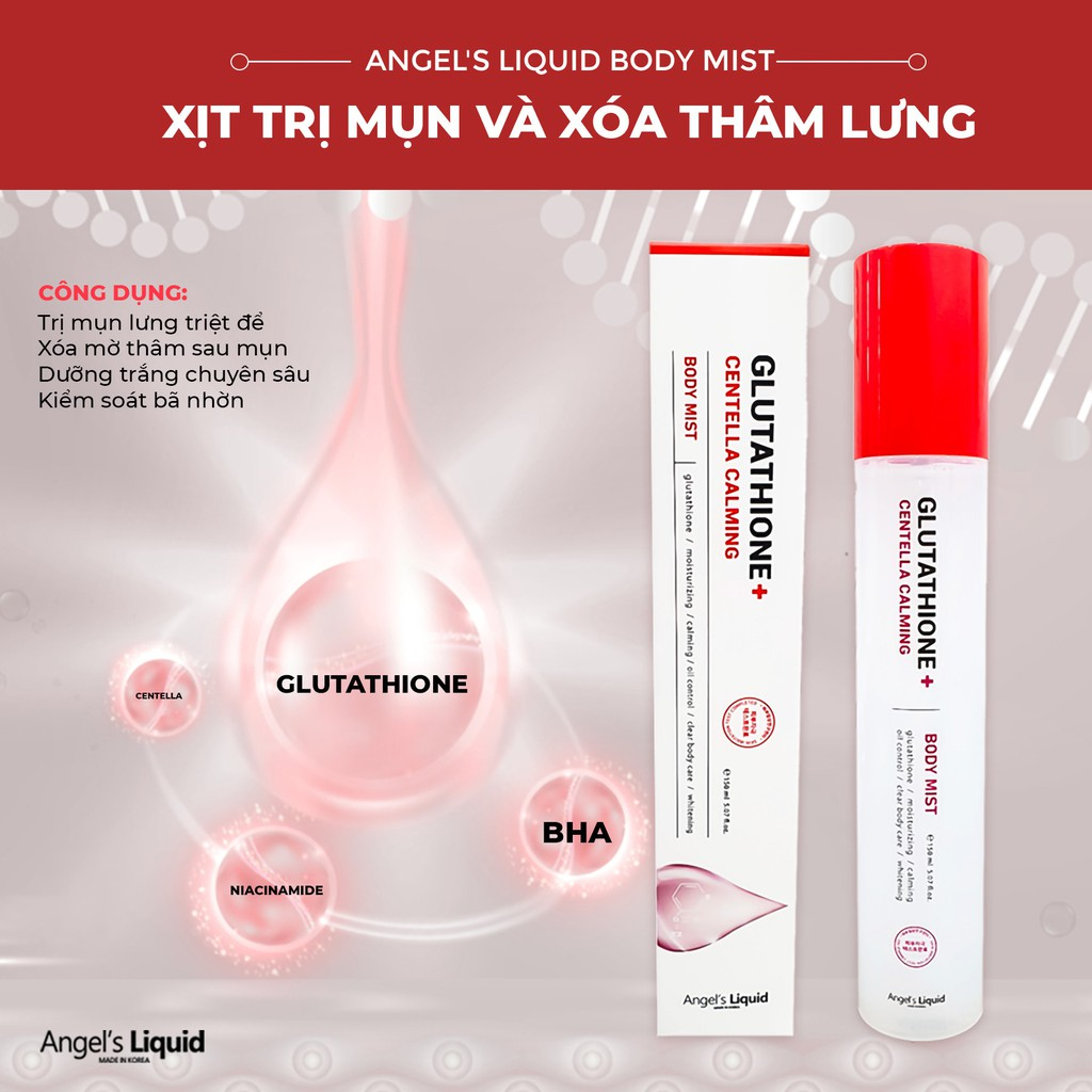 Xịt Trị Mụn Lưng Angel's Liquid Glutathione+ Centella Calming Body Mist 150ml