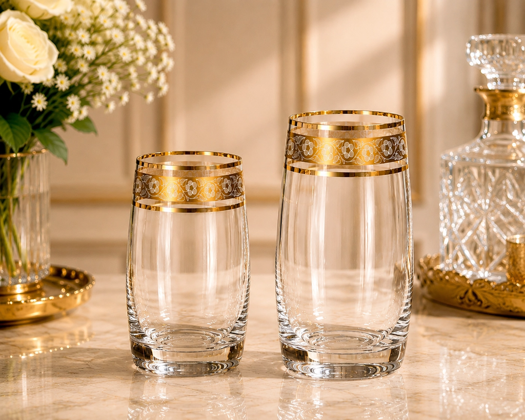 So sánh ly pha lê Bohemia Pavo hoa mai viền vàng 250ml và 380ml