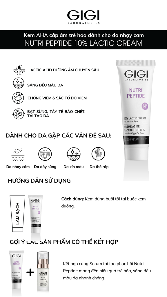 Kem AHA dưỡng ẩm trẻ hóa sáng da GIGI LABORATORIES Nutri Peptide Lactic 10% 50ml