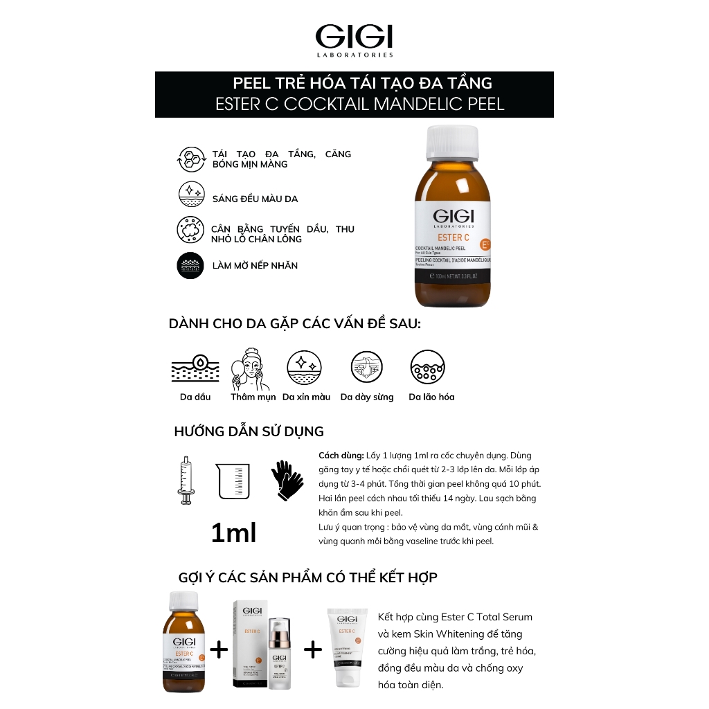 Peel tăng cường trẻ hóa tái tạo đa tầng GIGI LABORATORIES Ester C Cocktail Mandelic Peel