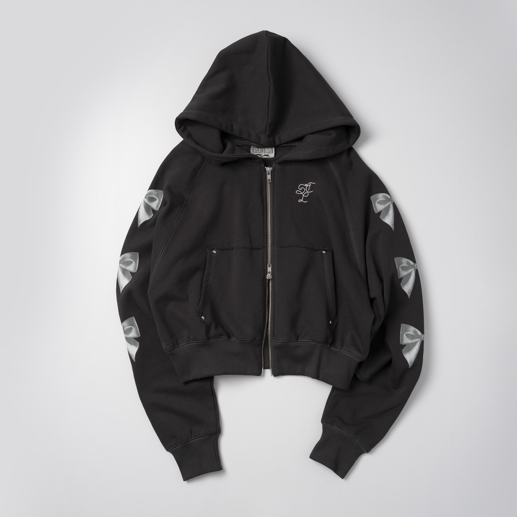 Ribbon Cropped Zipper Hoodie - Charcoal