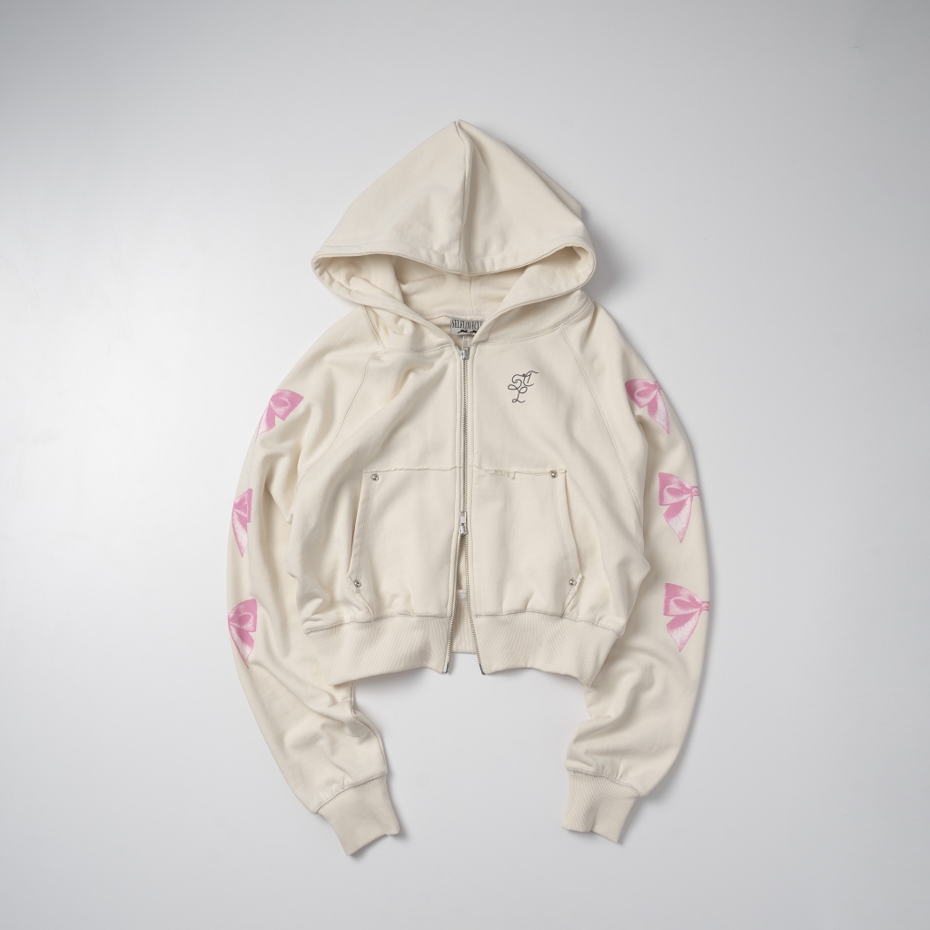 Ribbon Cropped Zipper Hoodie - Cream