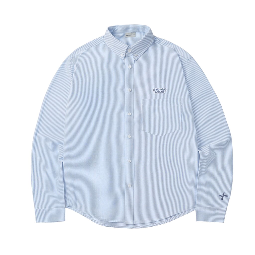 SEVENPLUS Oxford Shirt Embroidered Logo - Stripe Blue