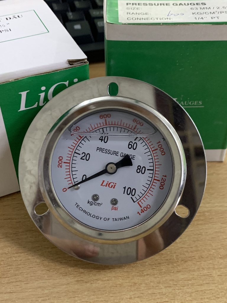 Đồng hồ đo áp suất có dầu 100kg mặt 63(mm)-Chân sau