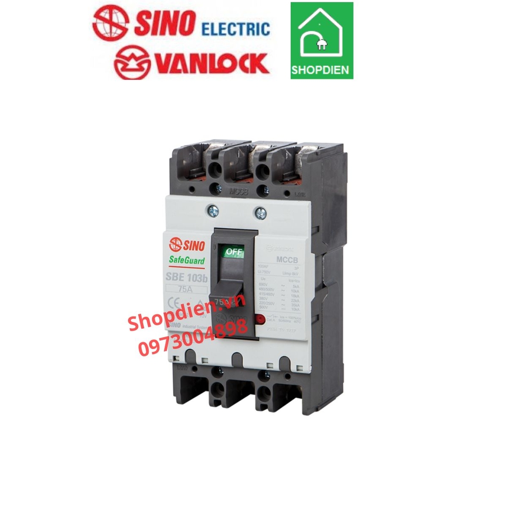 SBE103b/75 Sino Vanlock MCCB 3P 75A 22KA Aptomat cầu dao tự động