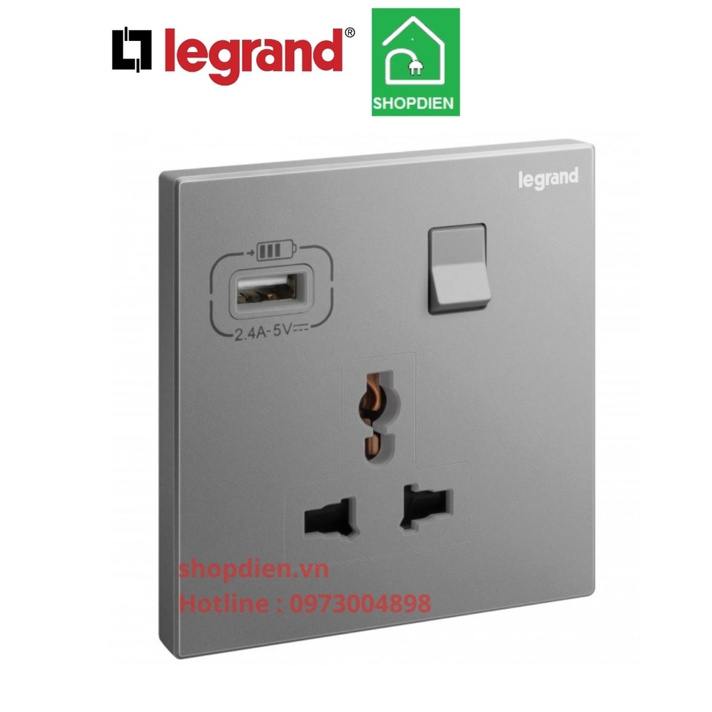 Ổ cắm đơn đa năng 16A + USB  type A Galion Legrand màu xám đậm Dark Silver 282442-C3