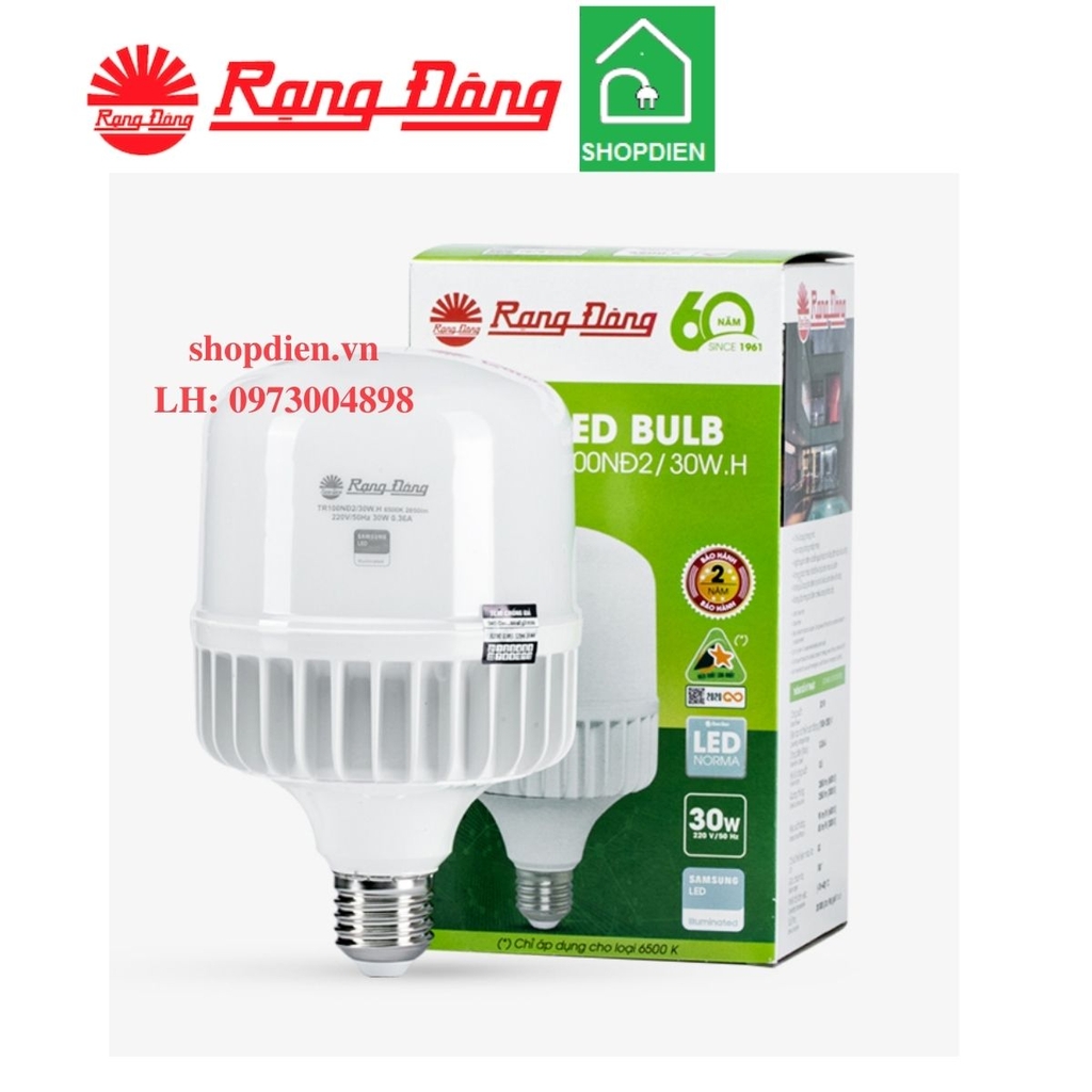 Bóng búp trụ LED bulb nhôm đúc 30W đui xoáy E27 Rạng Đông-TR100NĐ2/30WH