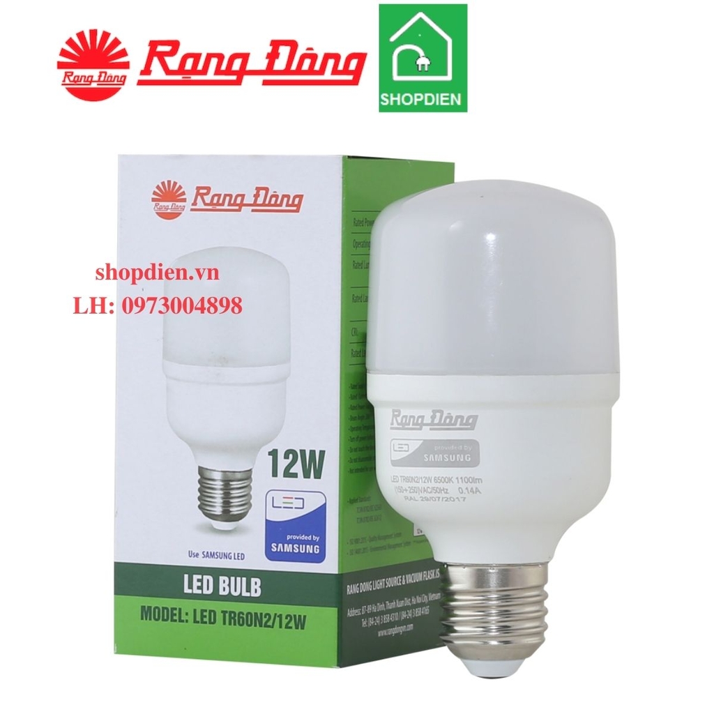 Bóng búp trụ LED bulb nhôm nhựa 12W đui xoáy E27 Rạng Đông-TR70N2/12WH