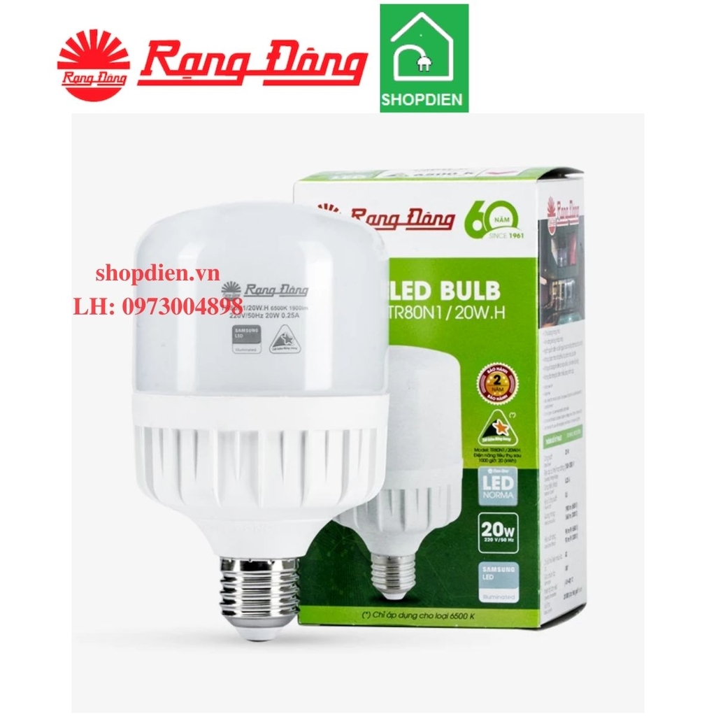 Bóng búp trụ LED bulb nhôm nhựa 20W đui xoáy E27 Rạng Đông-TR80N1/20WH