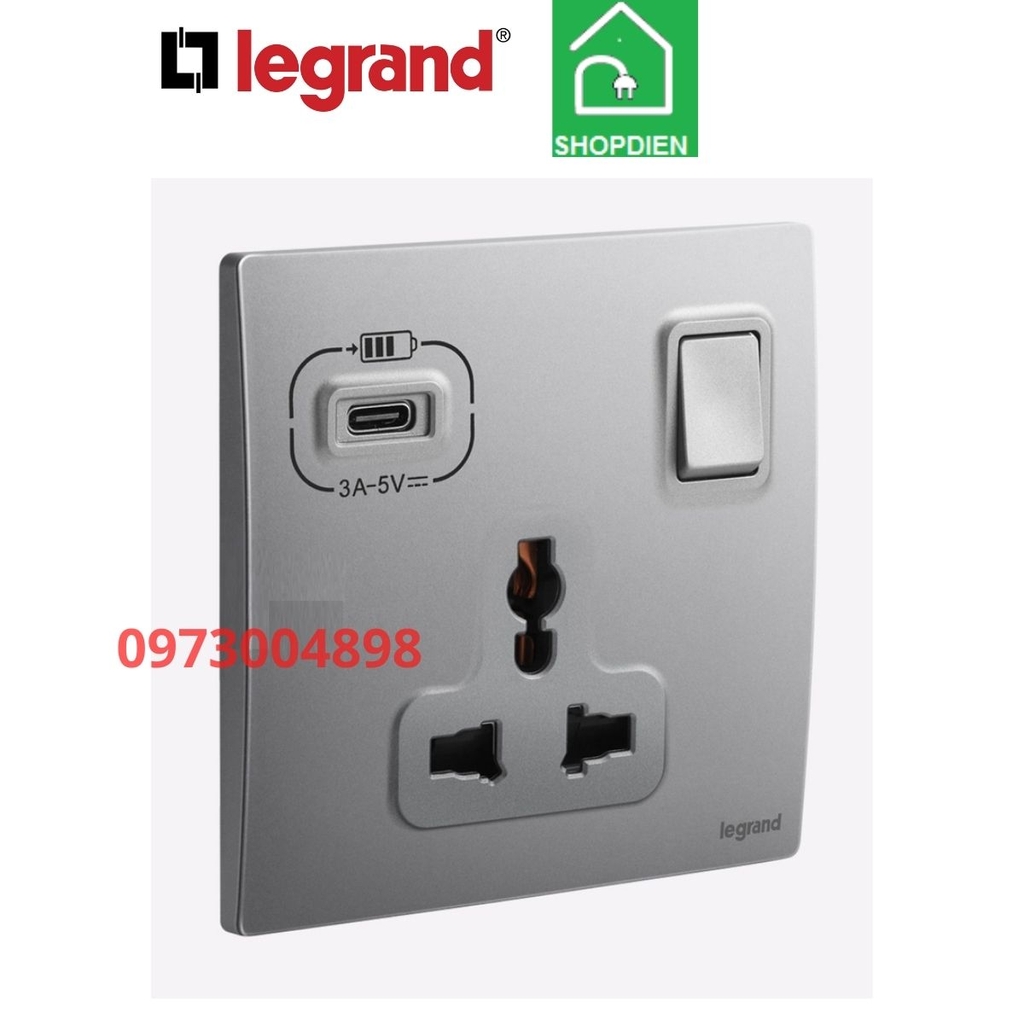 281121DS Legrand Ổ cắm đa năng có công tắc và ổ USB Mallia Senses màu ghi xám