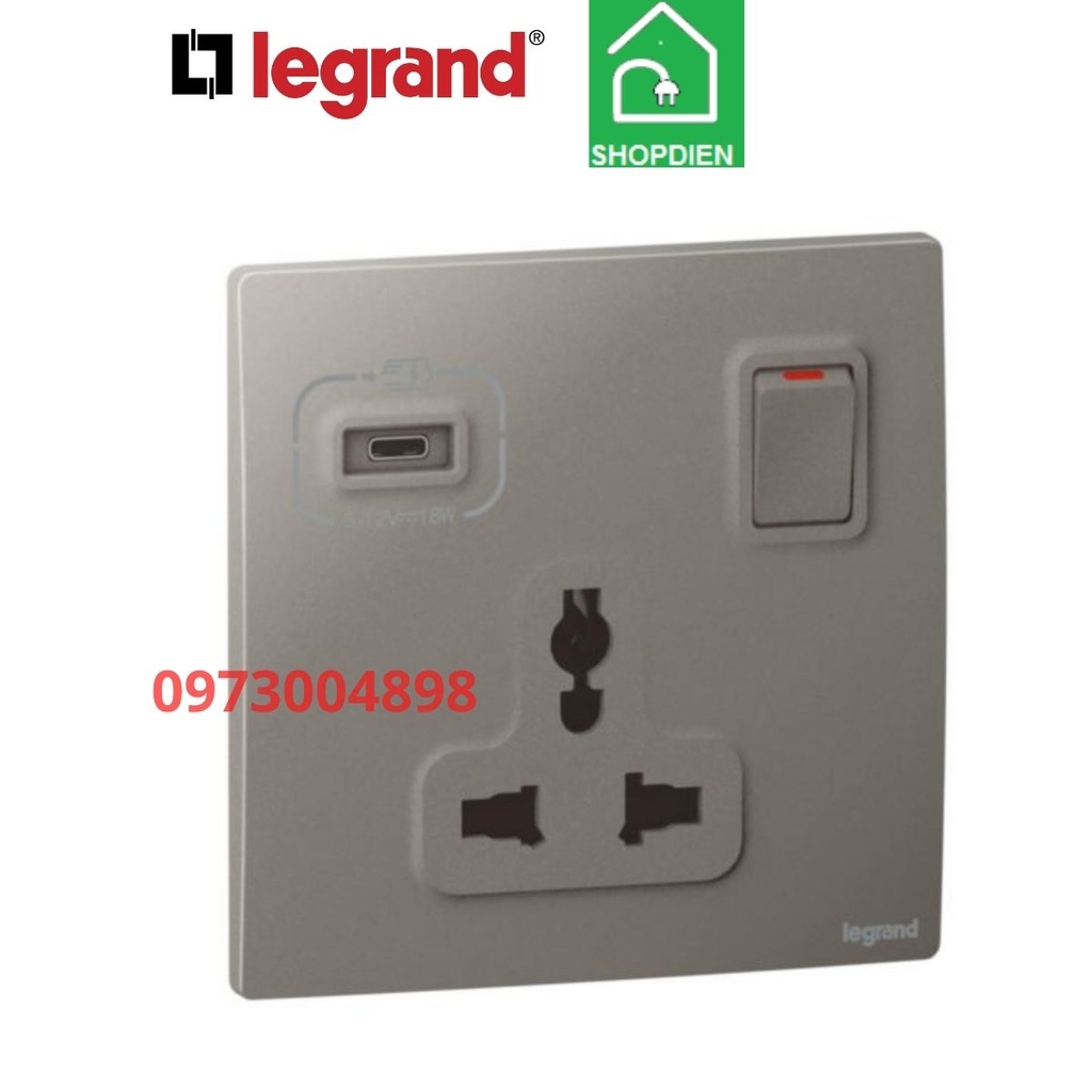 281125DS Legrand Ổ cắm đa năng có công tắc và ổ USB Mallia Senses màu ghi xám
