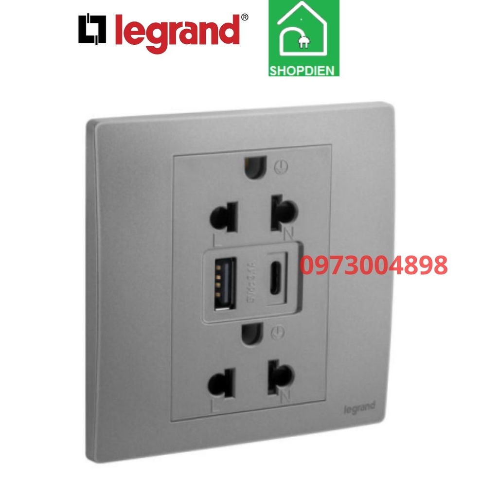 281204DS Legrand Ổ cắm đôi 3 chấu và ổ USB Type A+ C Mallia Senses màu ghi xám