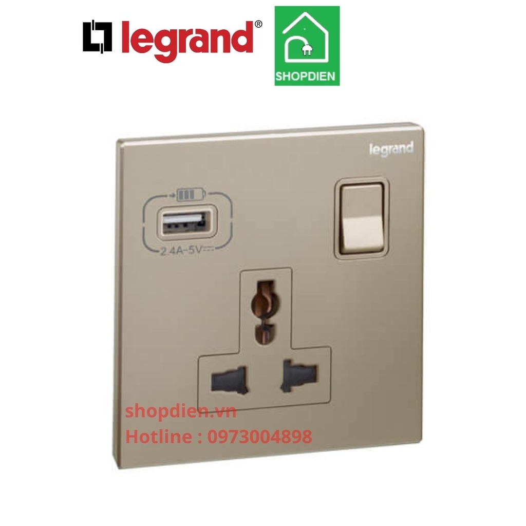 282442-C2 Legrand Galion Ổ cắm đơn đa năng + USB type A vàng Champagne