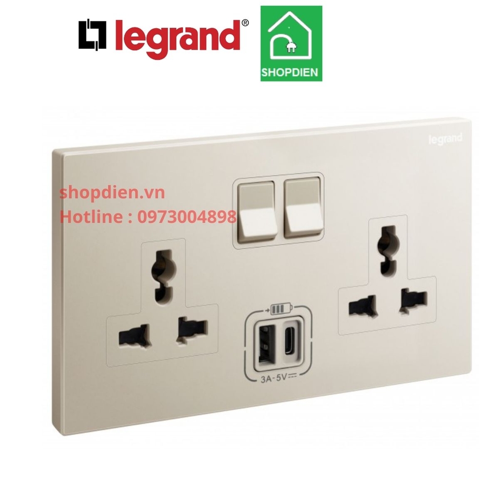 282444-C2 Legrand Galion Ổ cắm đôi đa năng+ ổ sạc USB Type A + C vàng Champagne