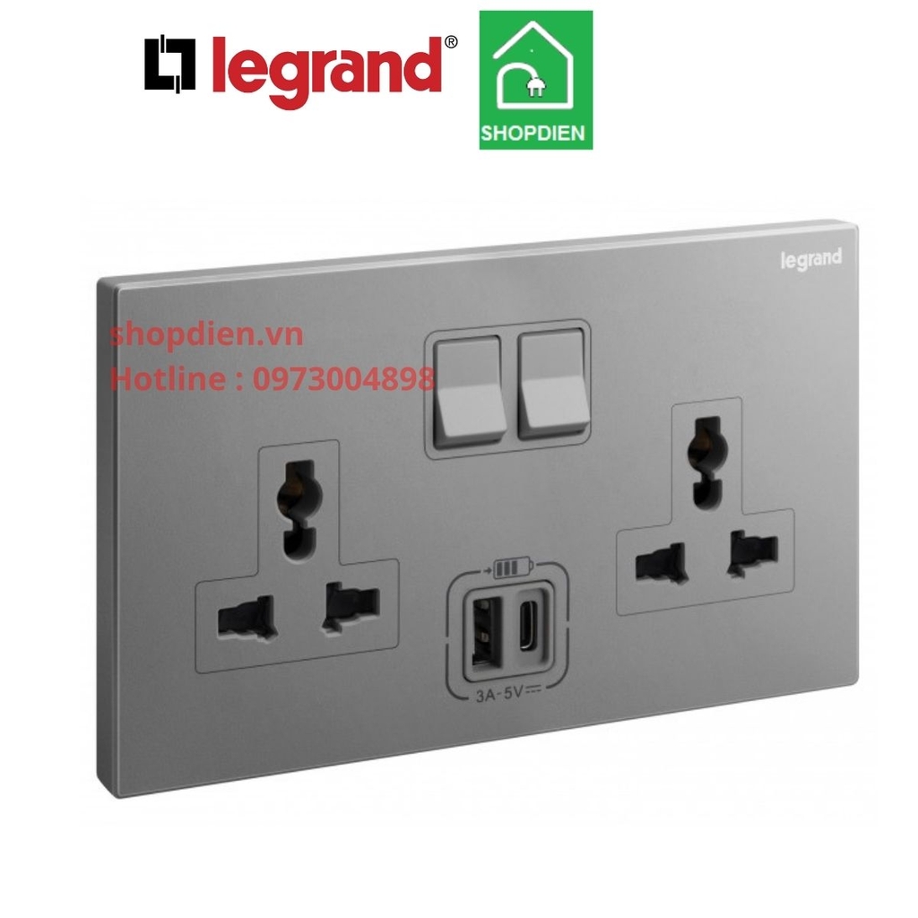 282444-C3 Legrand Galion Ổ cắm đôi đa năng và USB Type A + C xám bạc Dark Silver