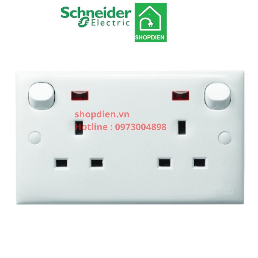 E25N_WE_G19 Schneider Ổ cắm đôi 3 chấu vuông kiểu Anh có công tắc đèn báo
