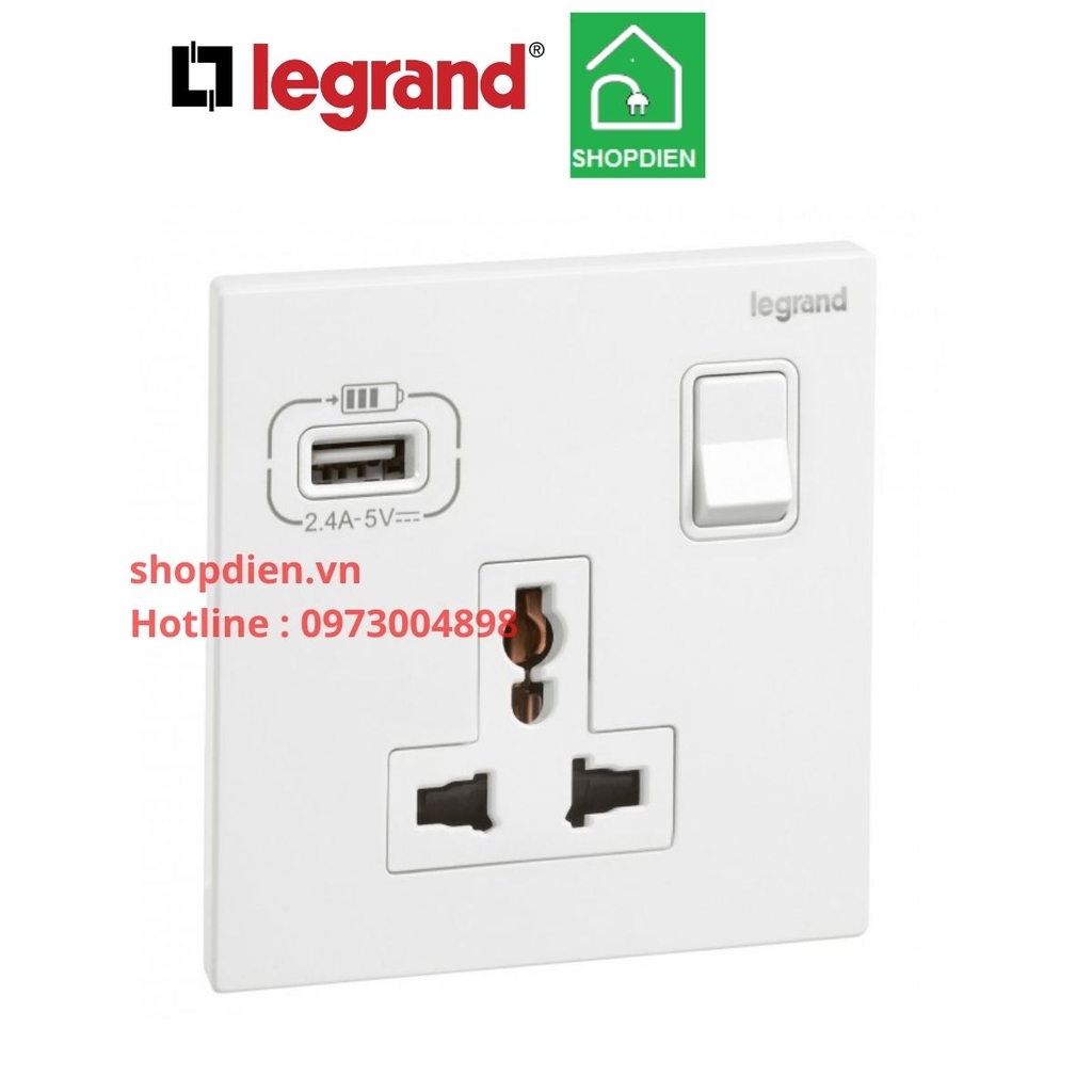 Ổ cắm đơn đa năng 3 chân (2P+E) có công tắc + cổng USB 15A Mallia Legrand màu trắng-281121