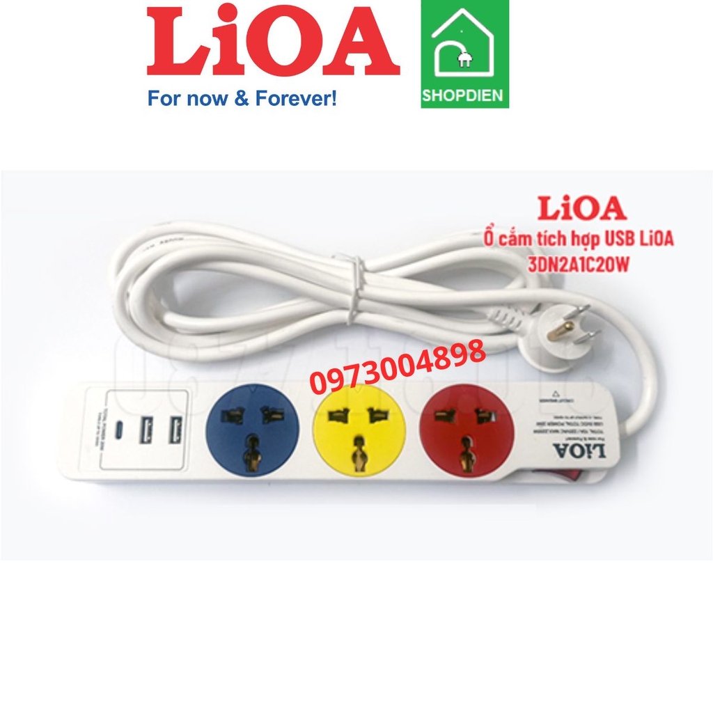 3DN2A1C20W LIOA Ổ cắm kéo dài 3 cổng đa năng có USB sạc 2200W 3M
