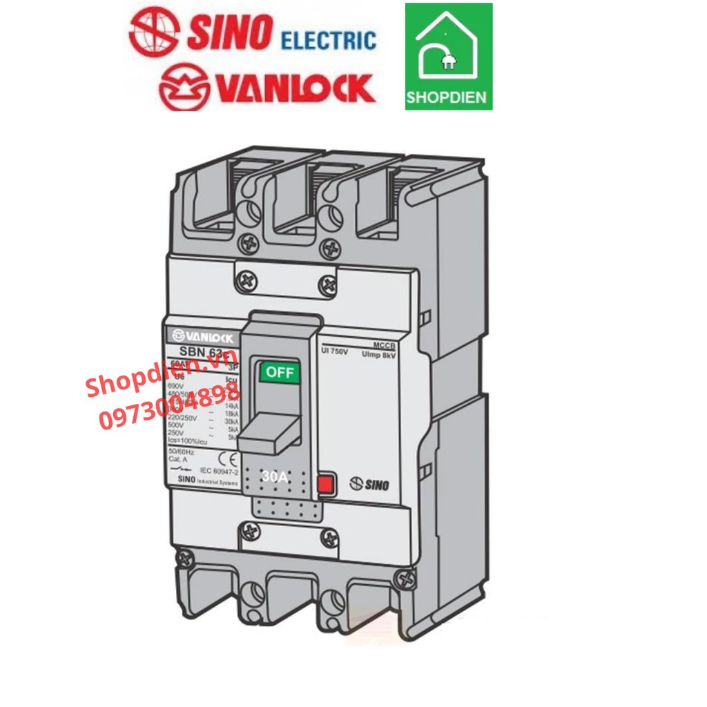 SBN103c/100 Sino Vanlock MCCB 3P 100A 22KA Aptomat cầu dao tự động