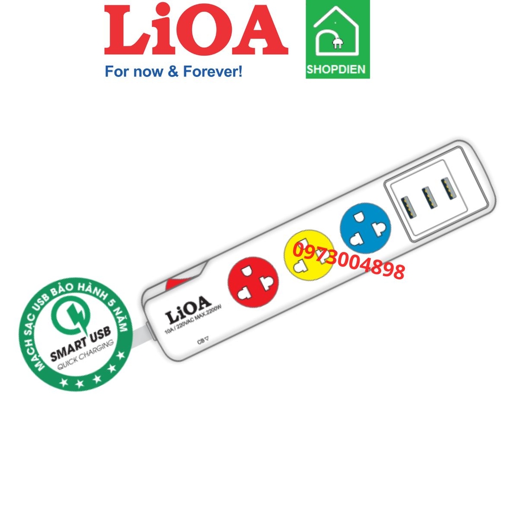 3SN3A15W LIOA Ổ cắm kéo dài 3 cổng có USB sạc 2200W 3M