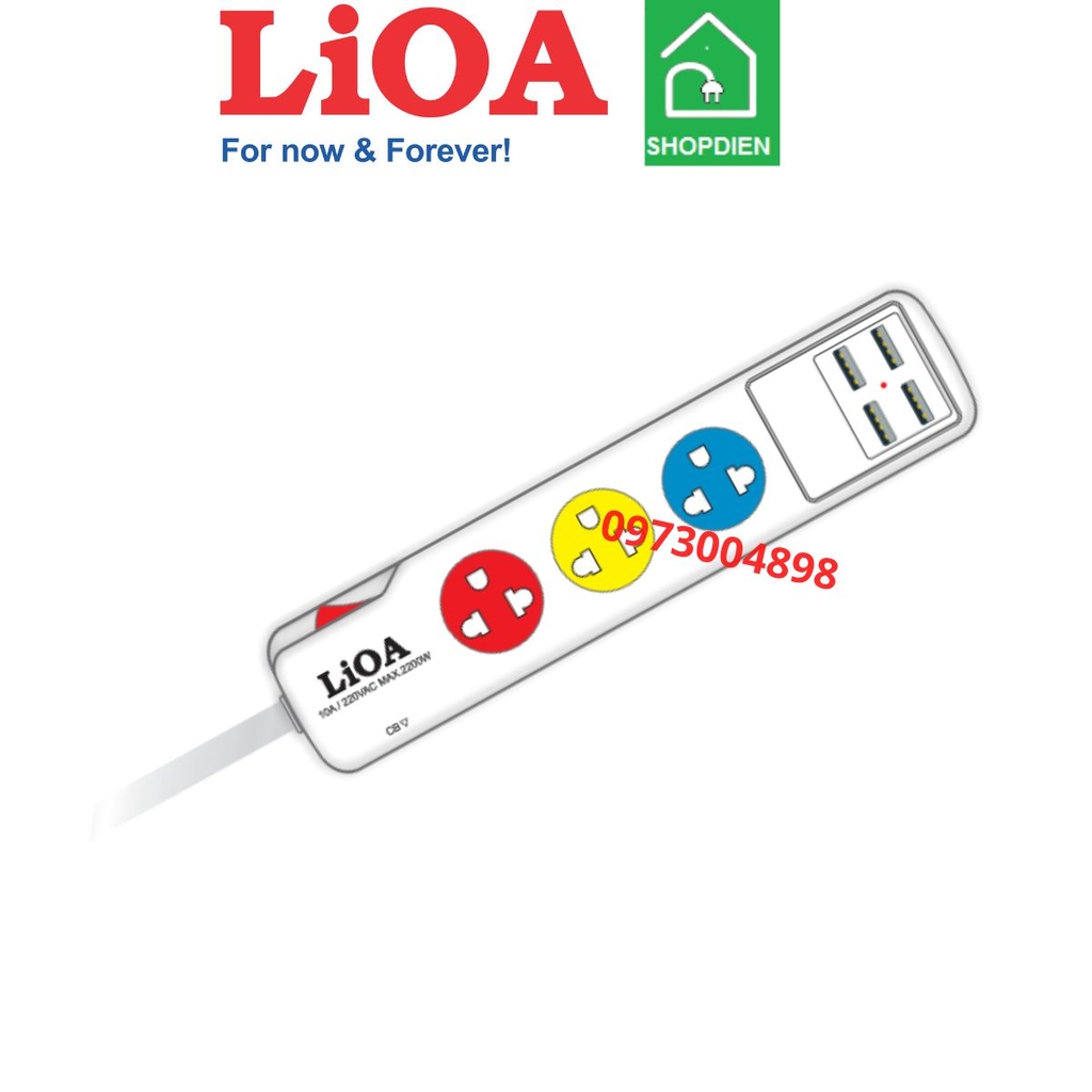 3SN4A12W LIOA Ổ cắm kéo dài 3 cổng có USB sạc 2200W 3M