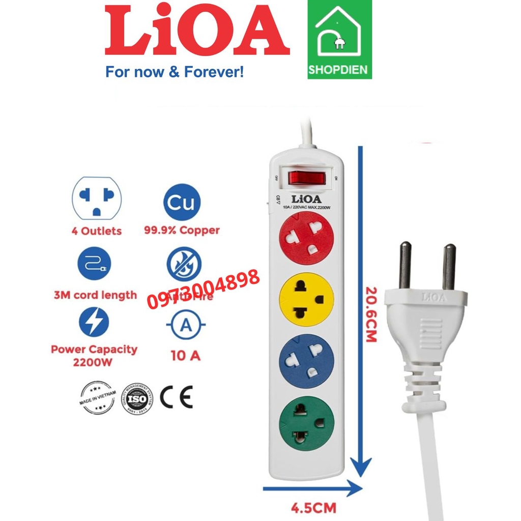 4SNW3.2.10 LIOA Ổ cắm kéo dài 4 cổng có công tắc 2200W 3m